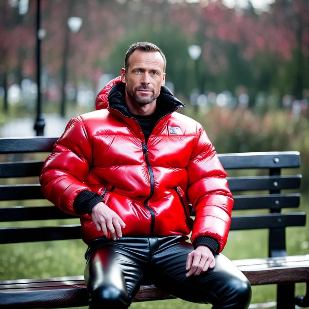 Muscular Man in Leather and Puffer Jacket