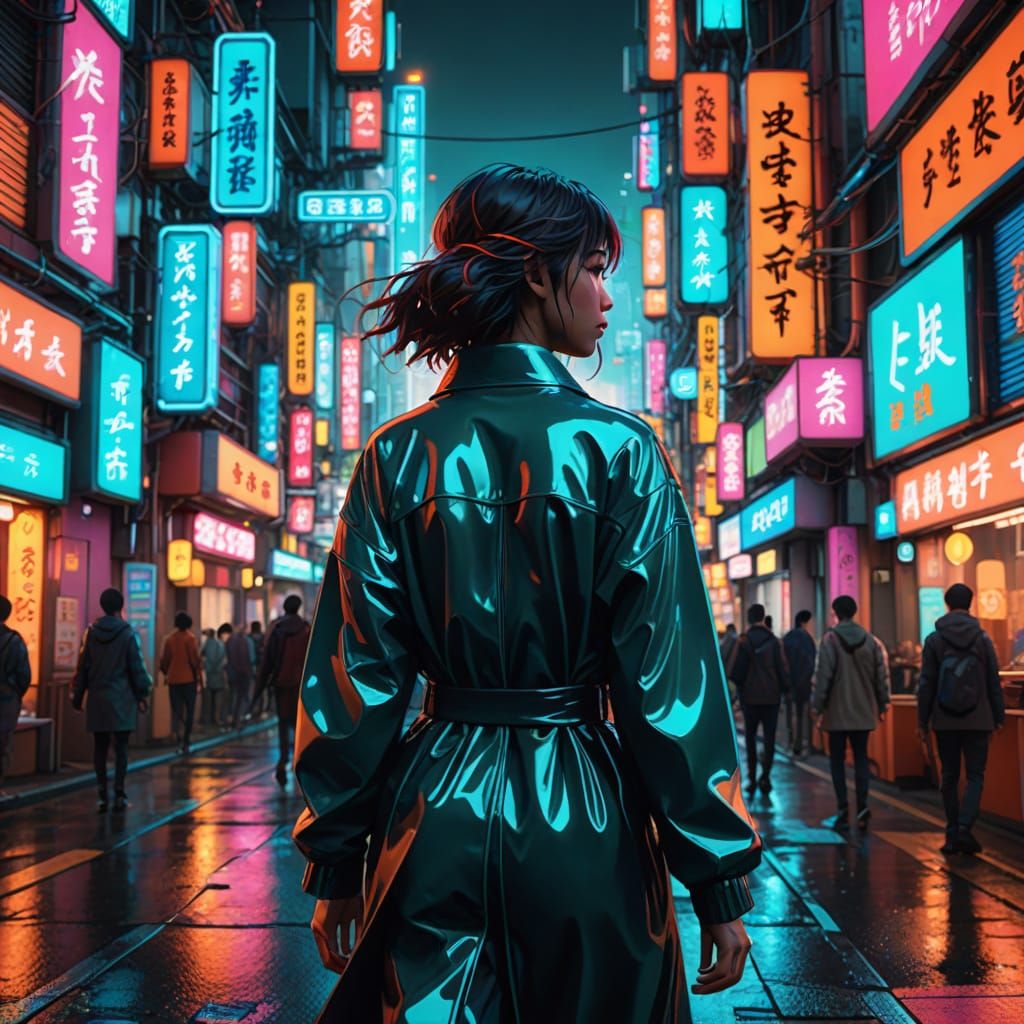 Woman in Neon City, Hyperdetailed Digital Art