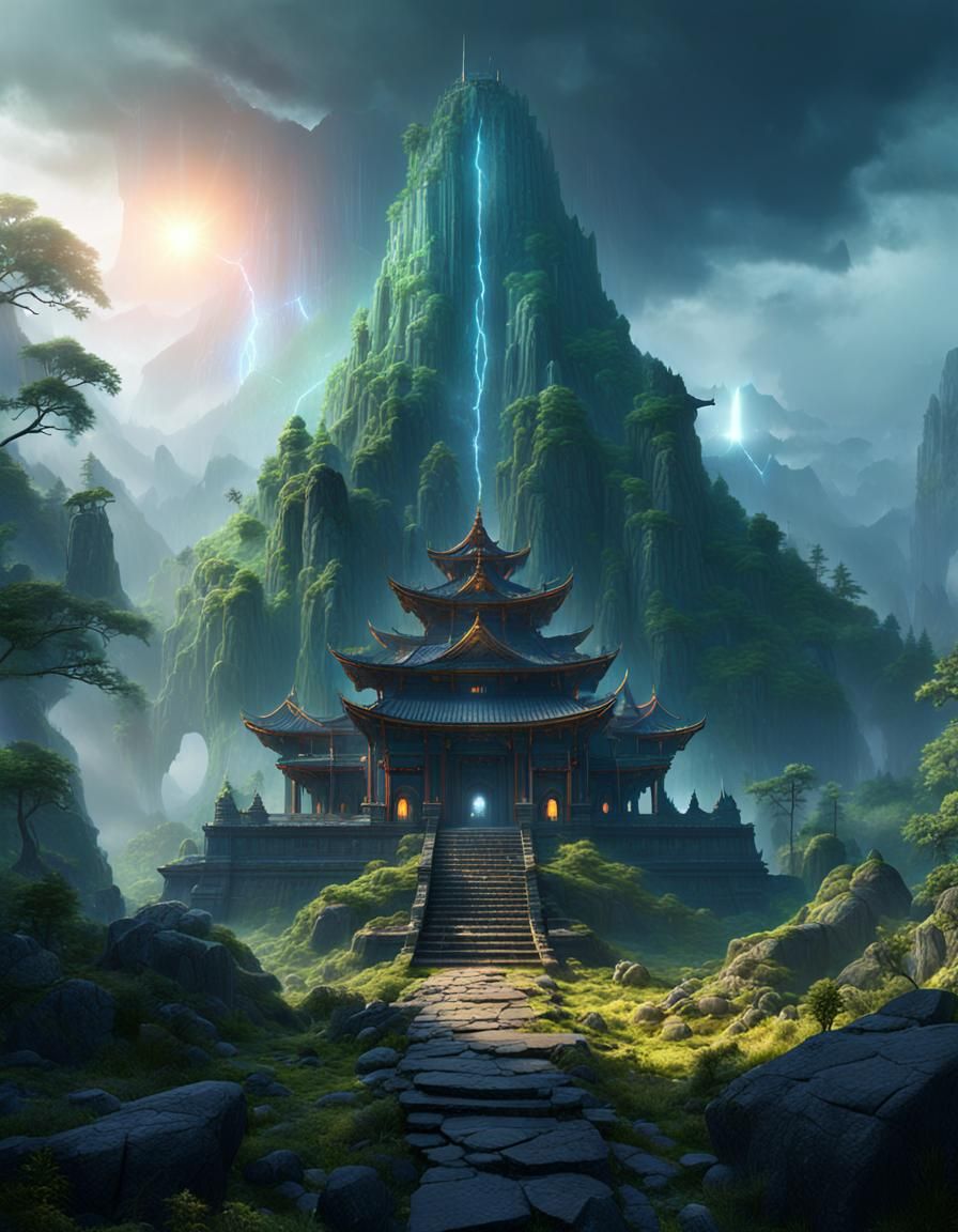 Ancient Mountain Temple in Rain and Solar Flare