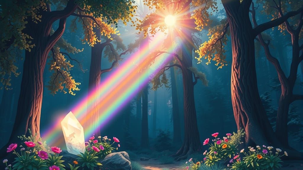 Rainbow Prism Lights Enchanted Forest, Digital Painting