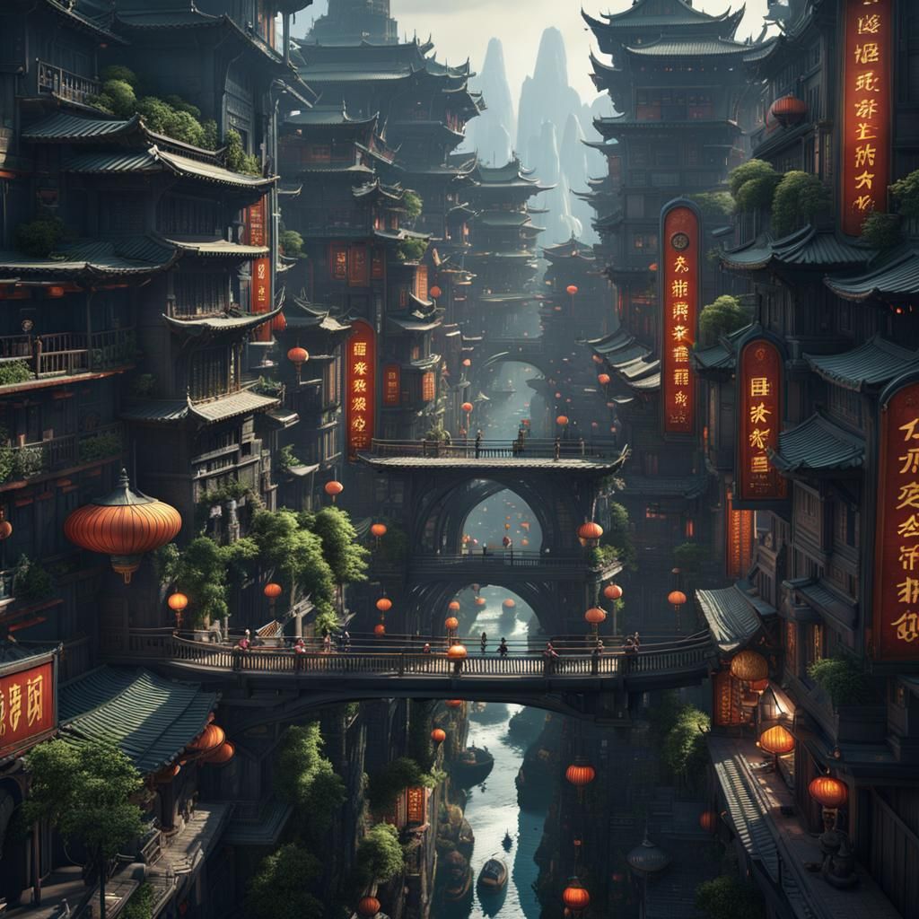 Futuristic Oriental City: A Retro-Utopian Vision