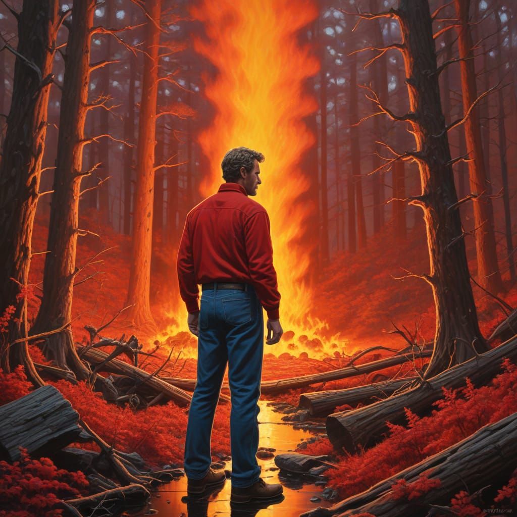 A Man Standing Before a Fiery Slime Mold Forest in a Red Dre...