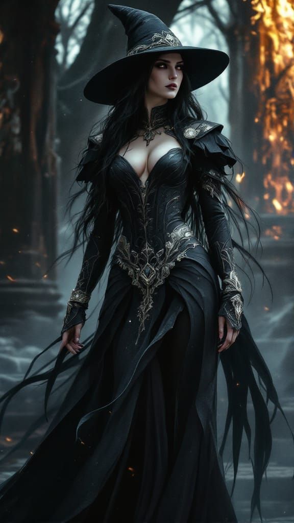Yennefer in Dark Sorceress Attire, Gothic Art Style