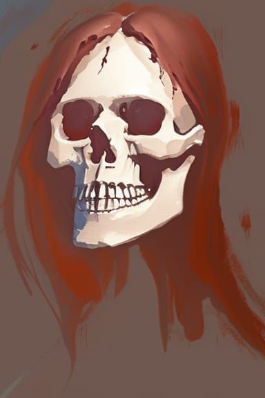 Skull with Hair in Watercolor Gouache Style