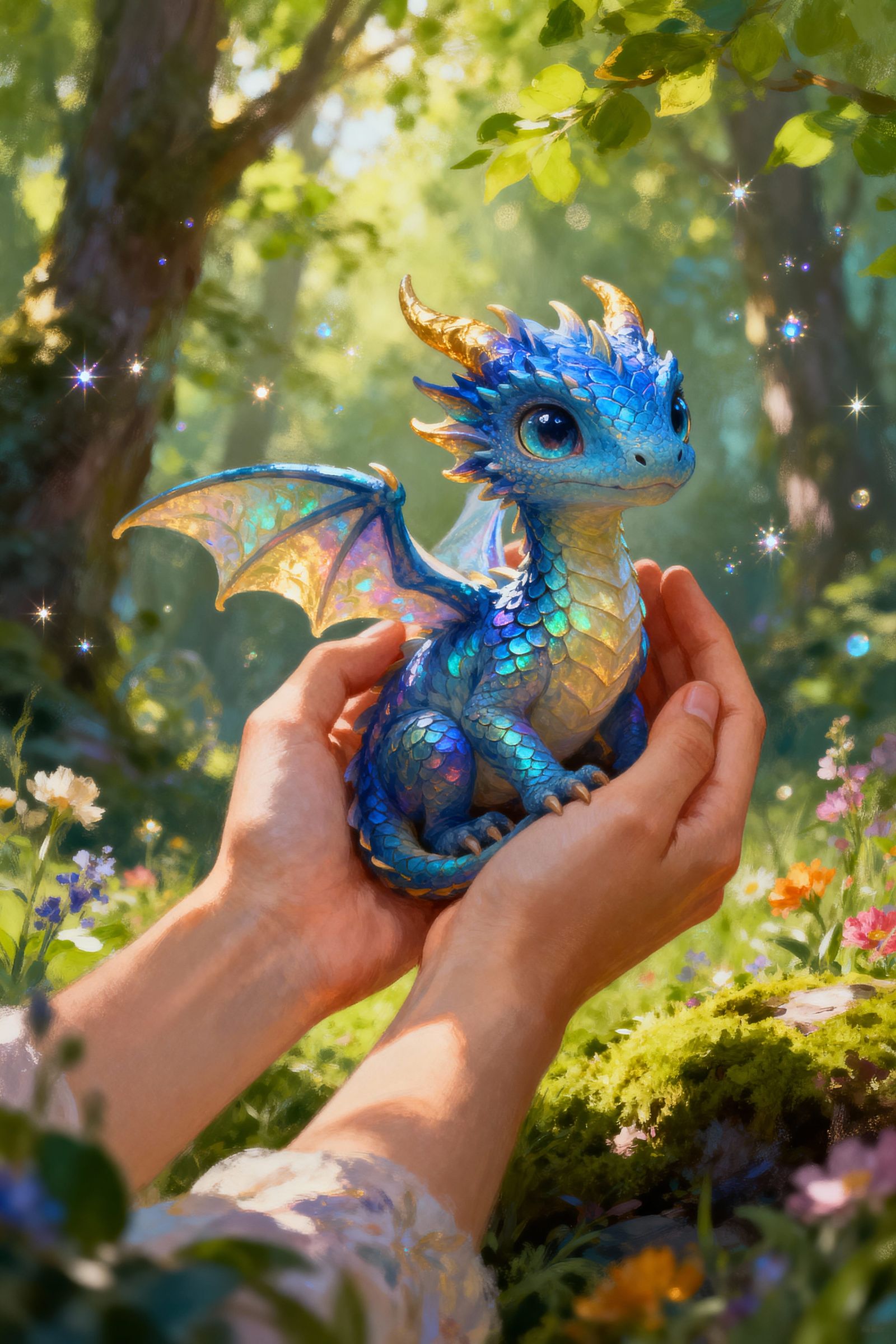 Gentle Hands Cradle Adorable Baby Dragon in Enchanted Forest