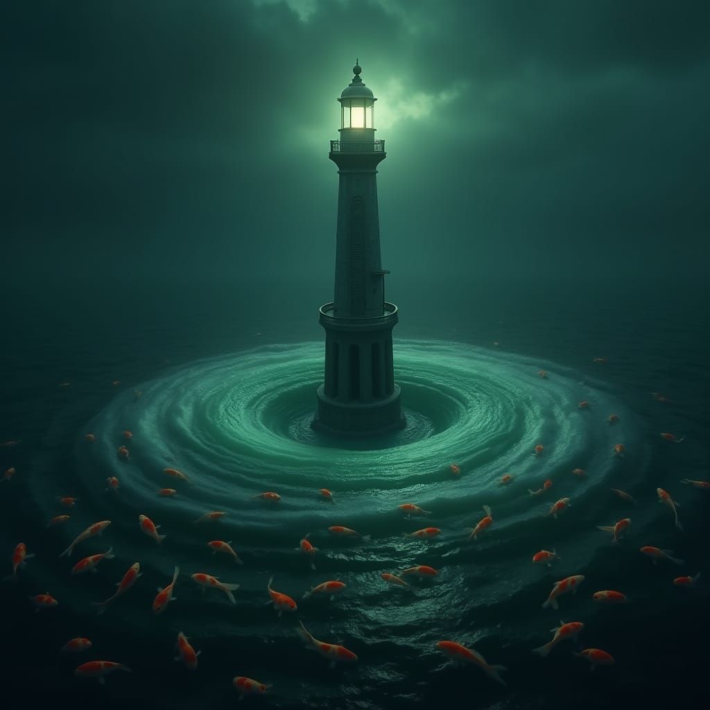 Bone Lighthouse Illuminates Koi-Filled Ocean at Midnight