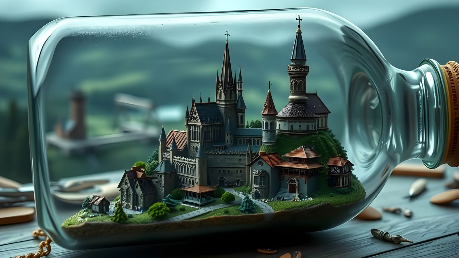 Kingdom Inside a Bottle: Hyperrealistic Detailed Image