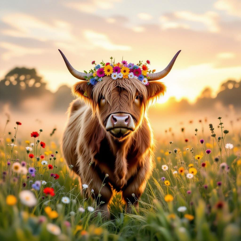 Majestic Highland Cow in Misty Meadow with Floral Halo