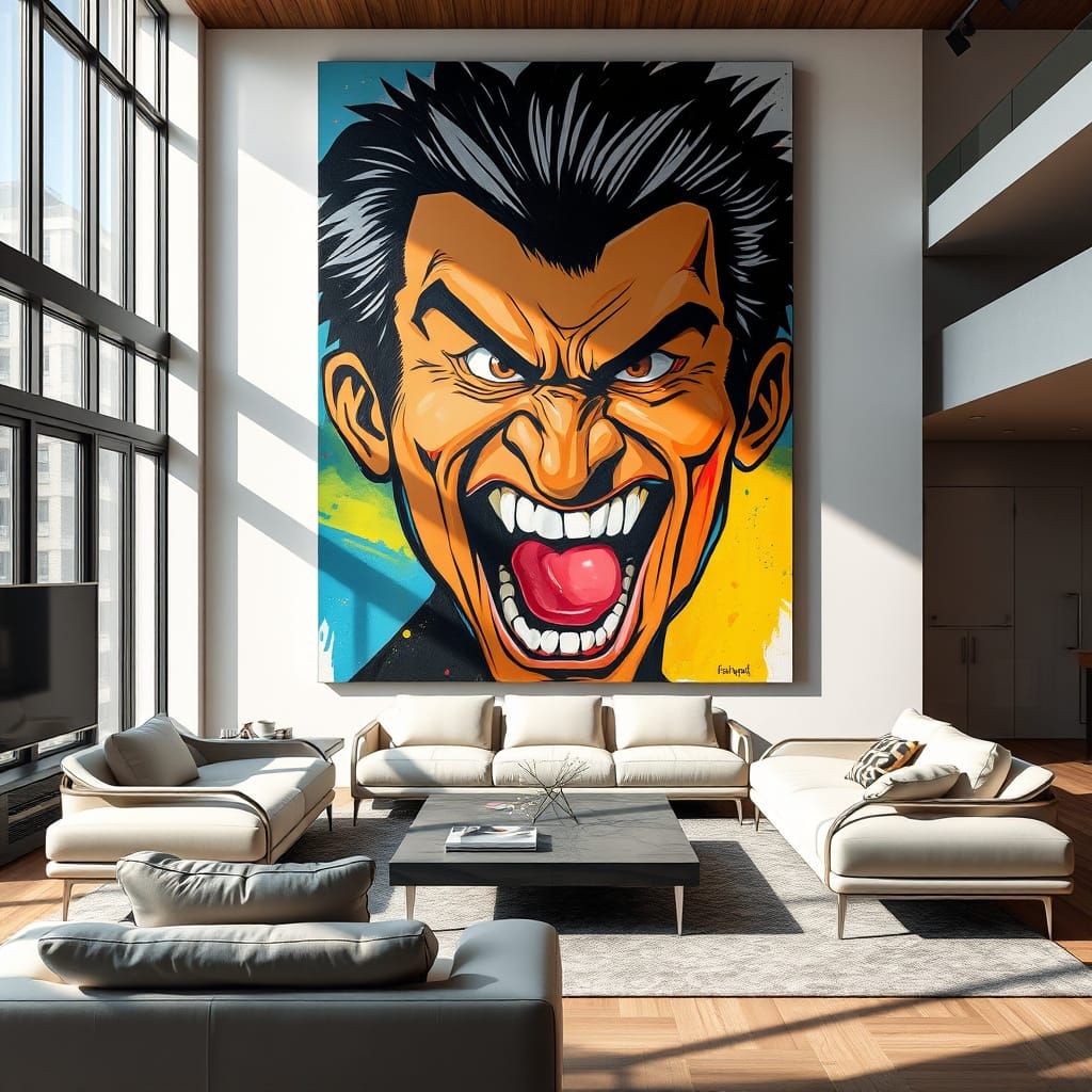 Surreal Contemporary Living Room Scene with Distorted Portra...