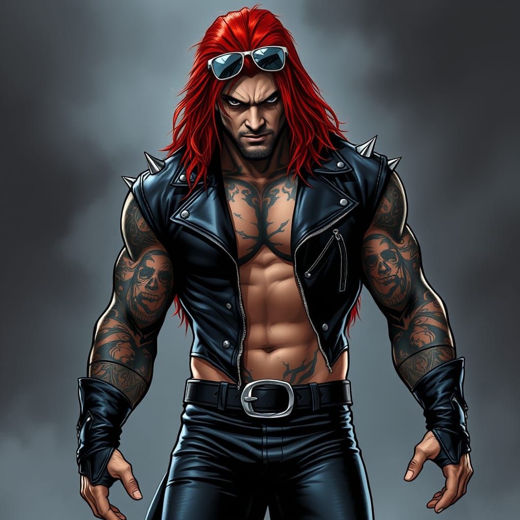 Dark Fantasy Wrestler in Black Leather with Fiery Red Hair a...