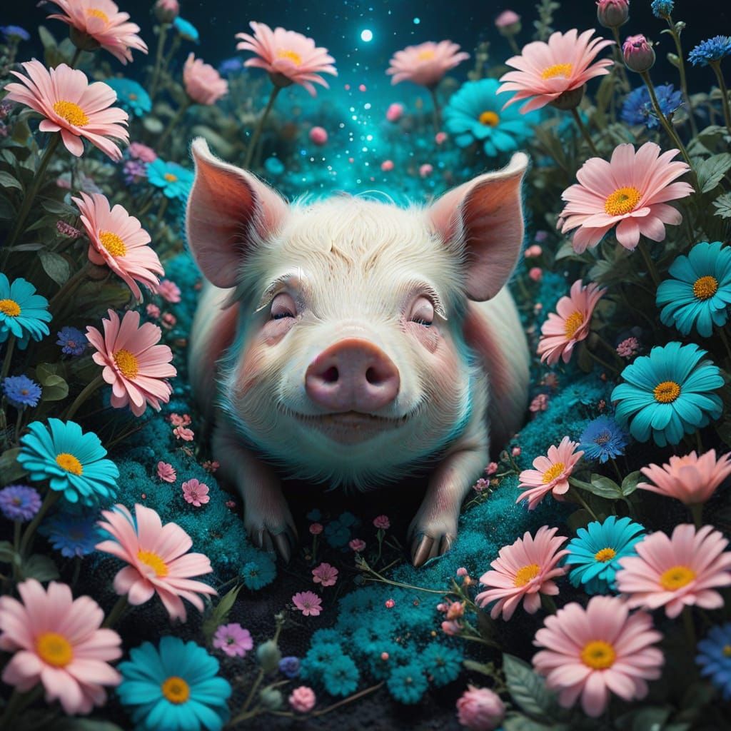 Whimsical Mini Pig Sleeps in Floral Dreamscape