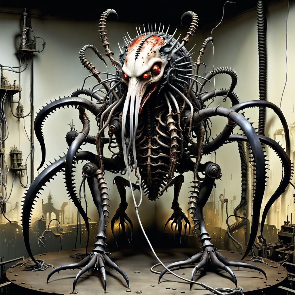 Nightmarish Biomechanical Horror in Derelict Factory