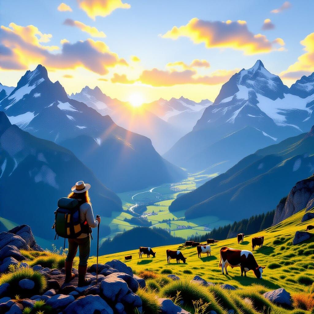 Swiss Hiker on Ridge Overlooking Cow Valley at Sunrise
