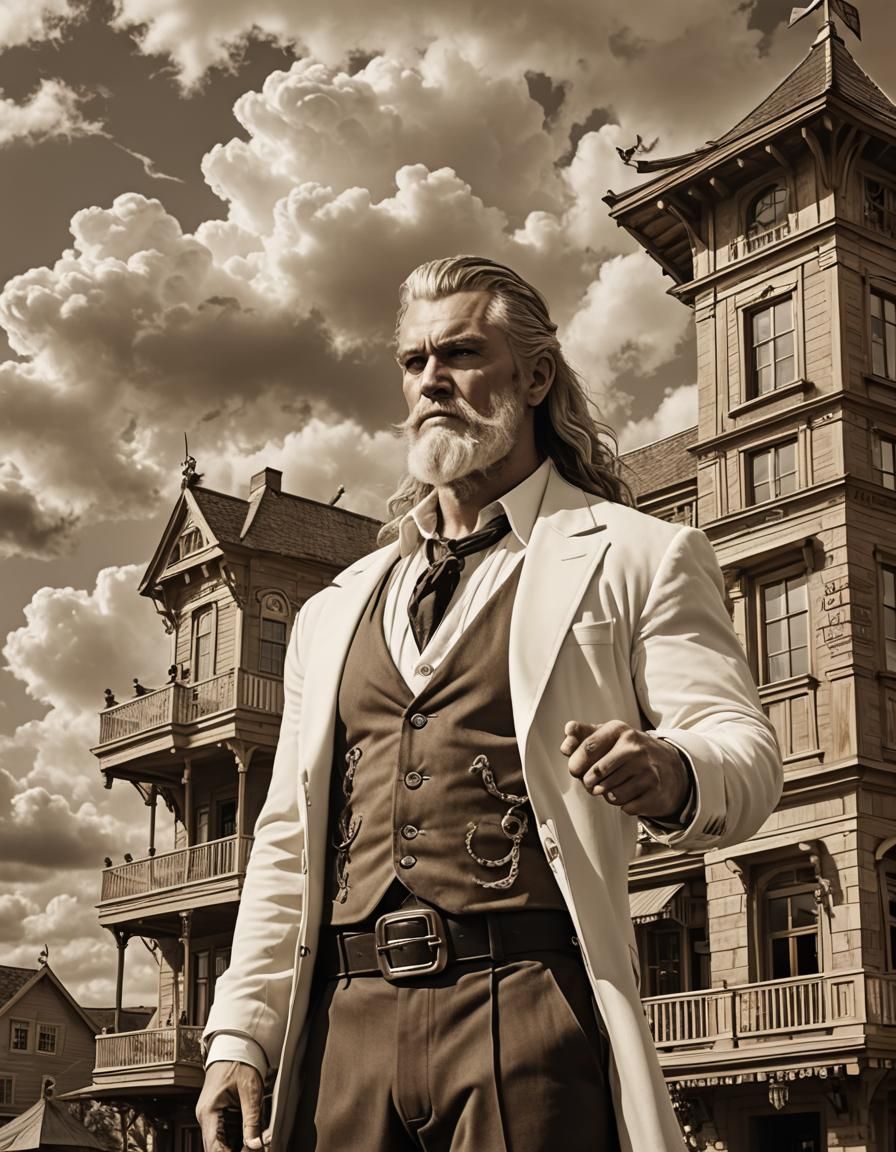 Long-range shot. Sepia. Lots of sky and white clouds on the ...