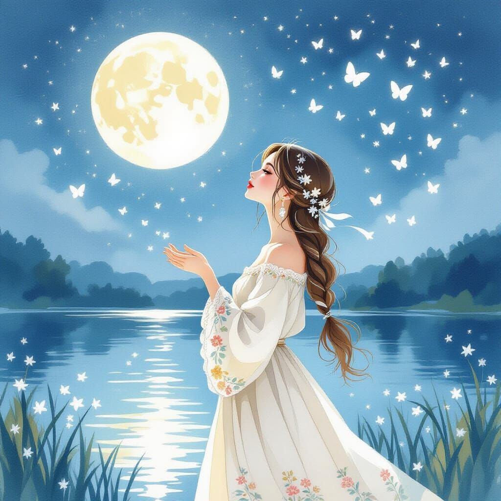 Ethereal Ukrainian Woman by Moonlit Lake in Watercolor Style