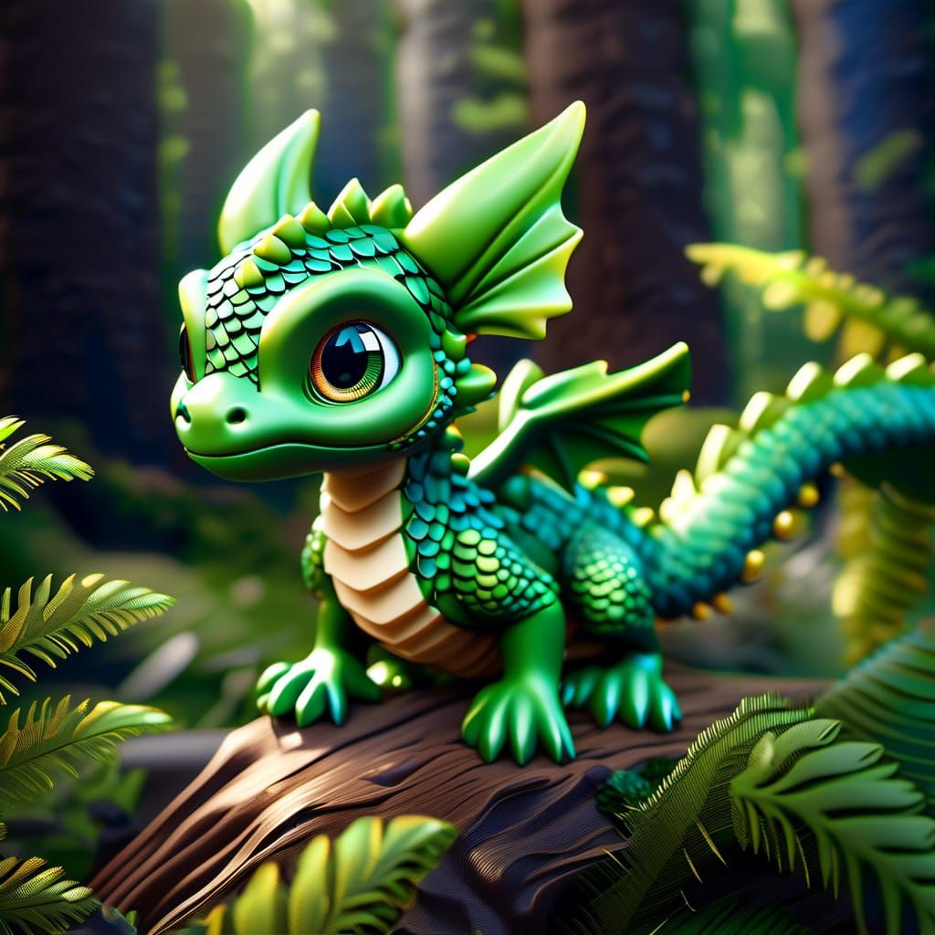 Cute Green Chibi Dragon with Pine Needle Scales