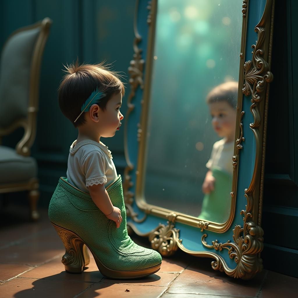 Child Enters Mirror in Oversized Shoe