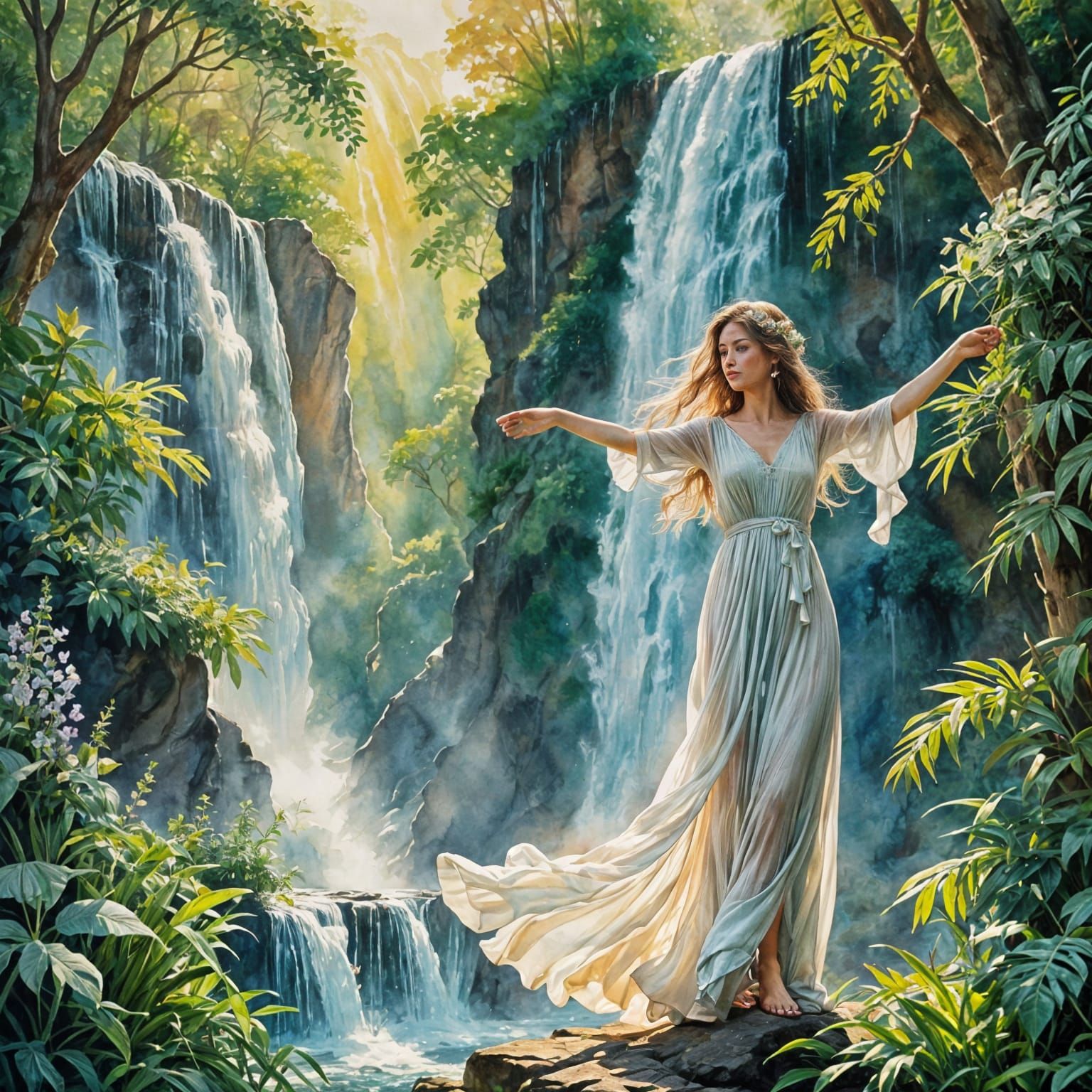 Woman Under Waterfall in Watercolour Painting