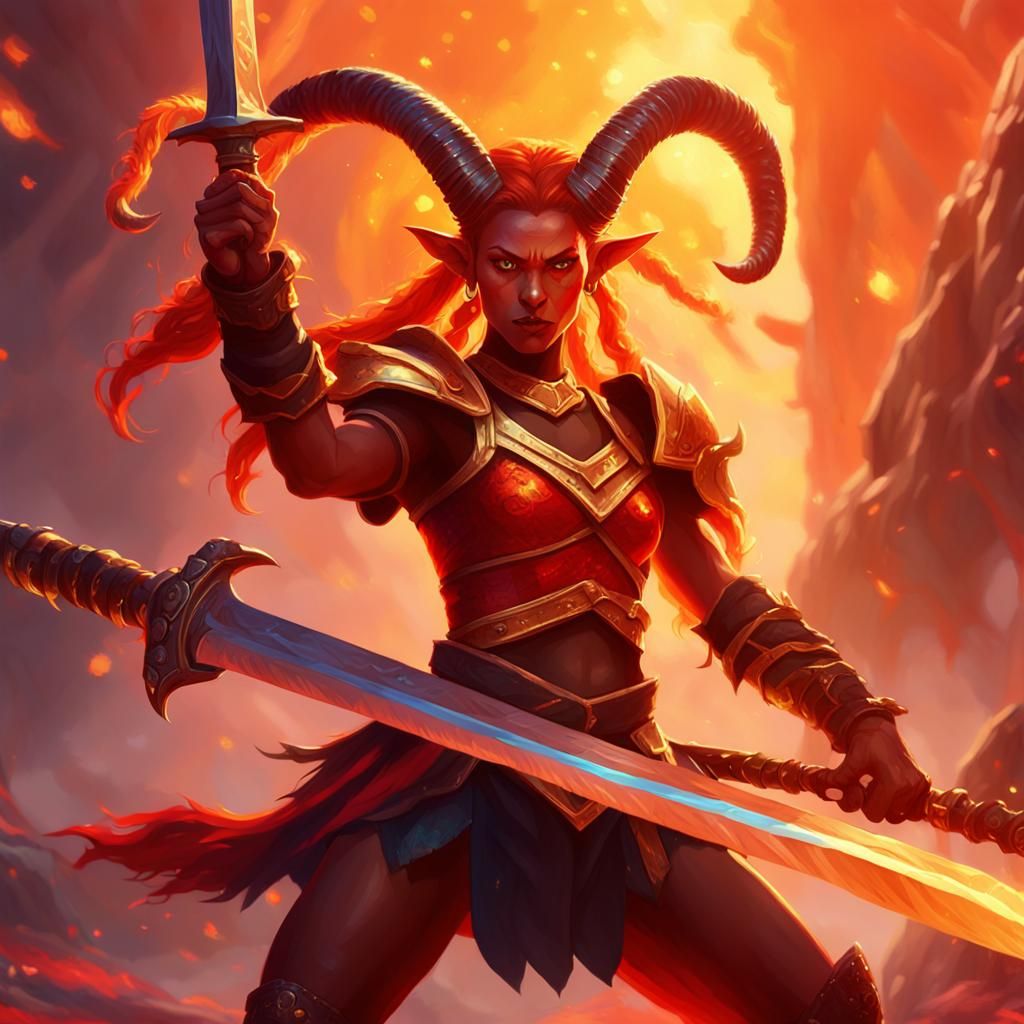 Tiefling Cheerleader Barbarian with Sword, Oil Painting