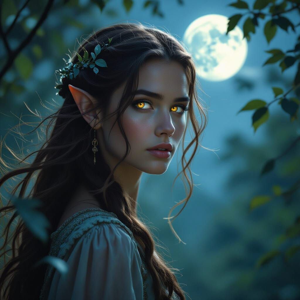 Moonlit Elf Walking Through Forest at Night