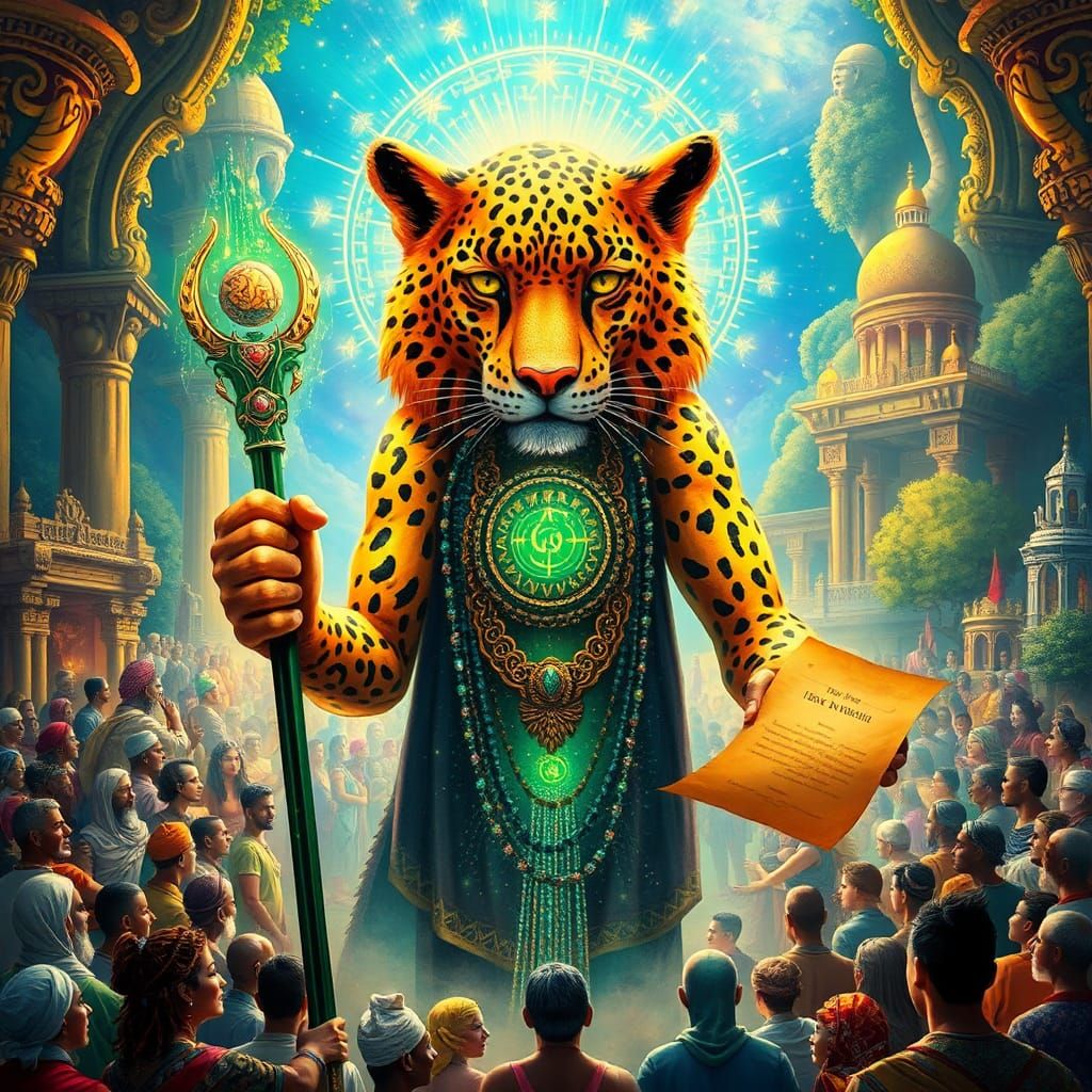 Leopard Deity Among Crowd in Dreamlike Landscape