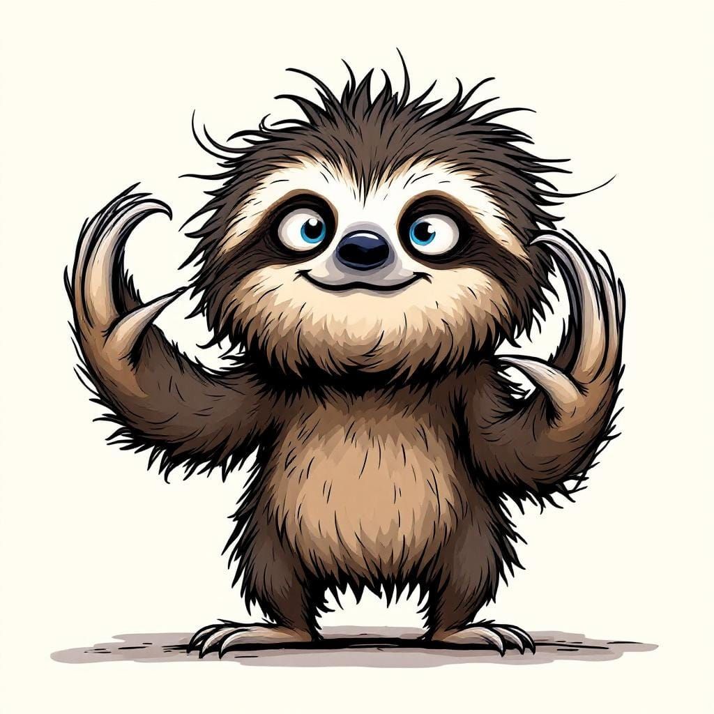 Whimsical Cartoon Sloth with Exaggerated Features