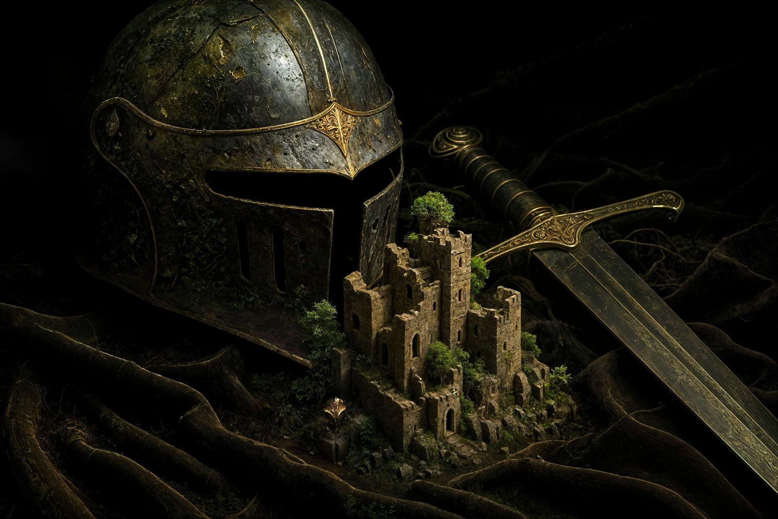Fantasy Still Life: Knight Relics and Miniature Fortress