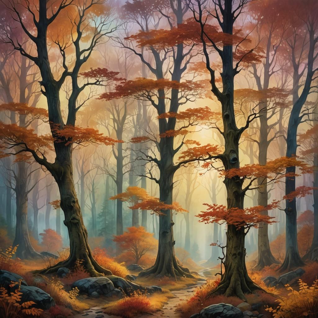 Mystical Autumn Forest Sunset in Watercolor Style