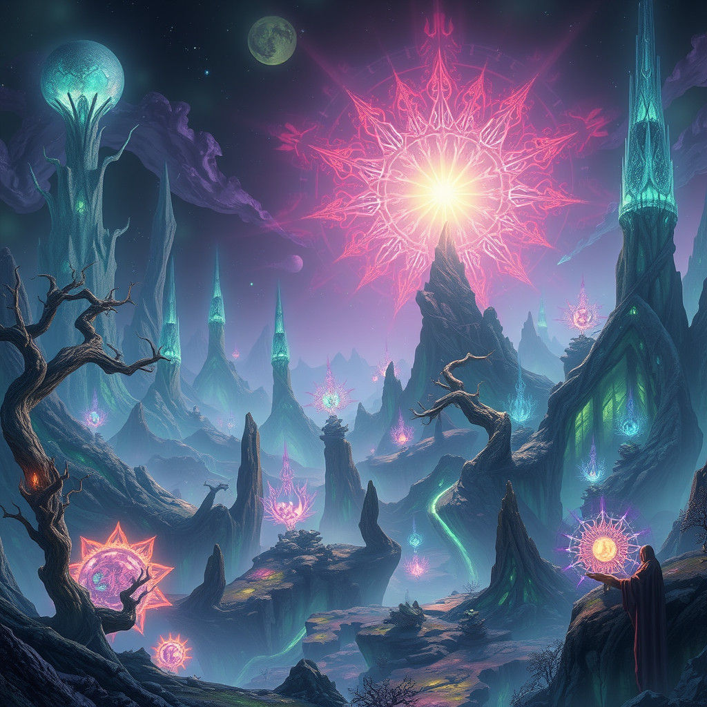 Ethereal Avatars in Mystical Landscape, Digital Matte Painti...