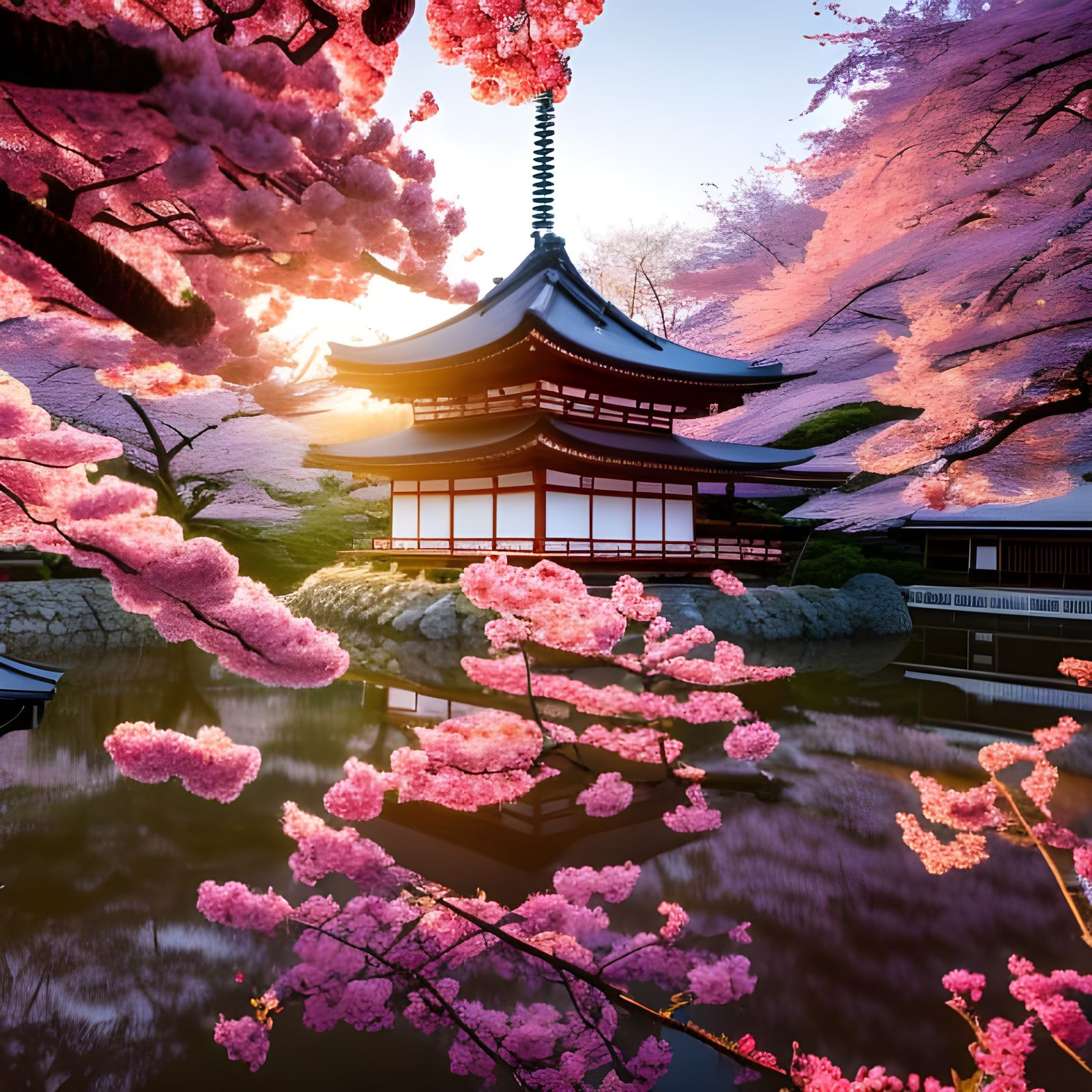 Detailed Japanese House with Cherry Trees in 8K