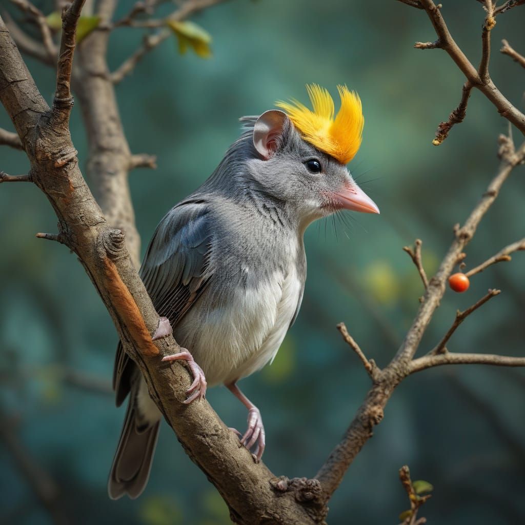 Whimsical Mouse Bird Hybrid Sits in Tree