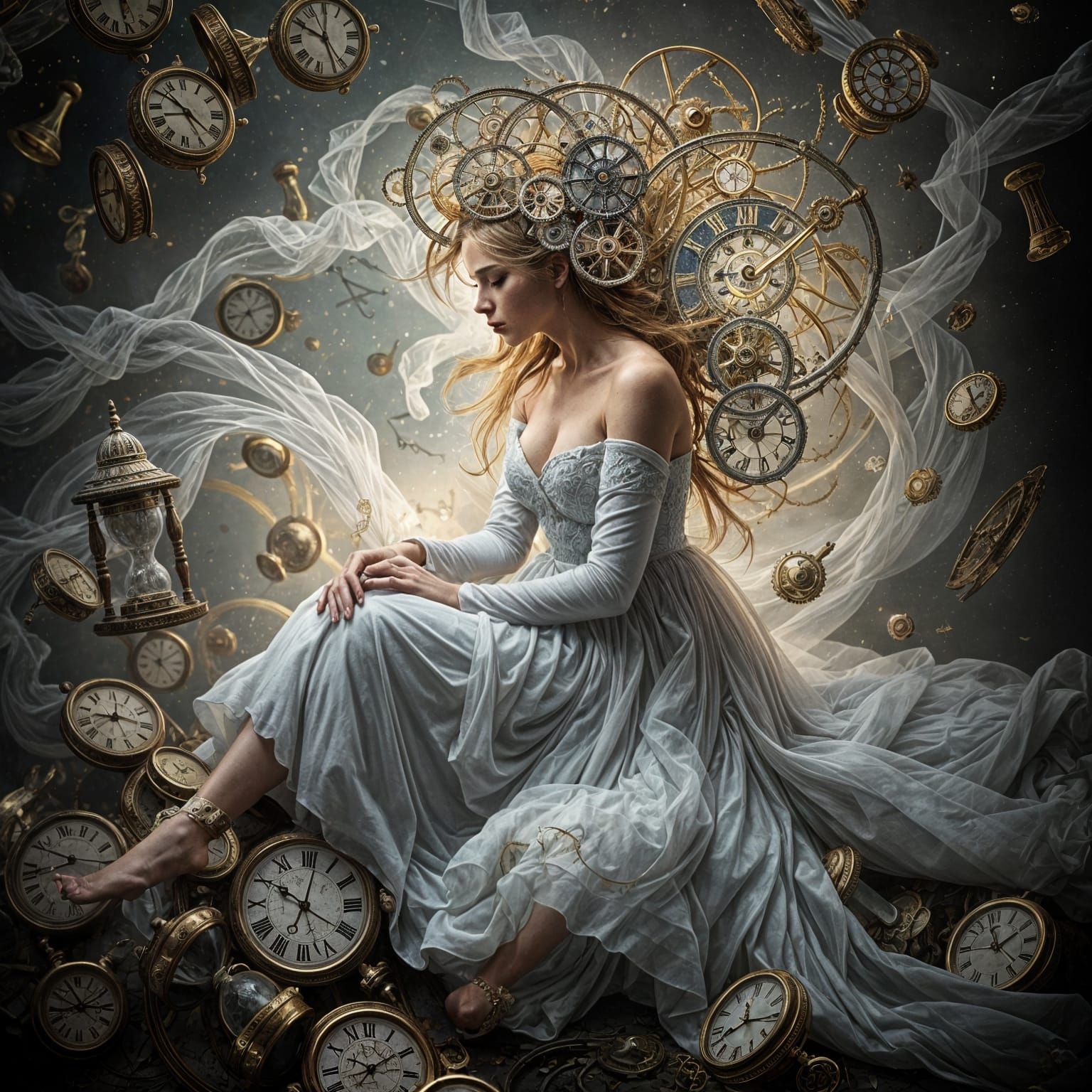 Ethereal Timekeeper Amidst Shattered Hourglasses