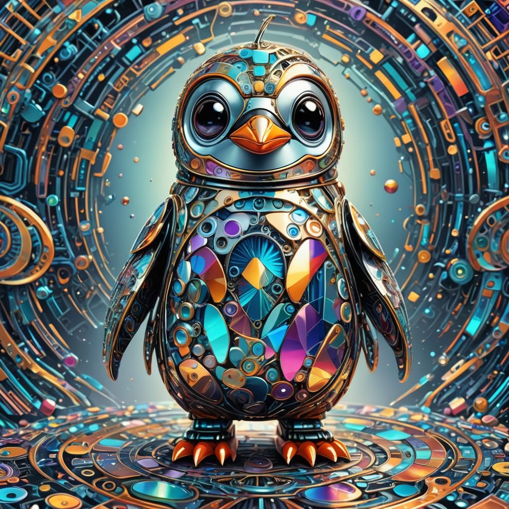Iridescent Robot Penguin: Geometric Abstract Line Art