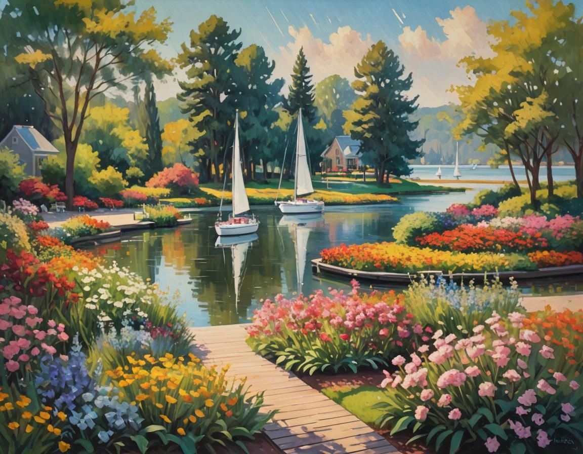 Impressionistic Lake Scene with Sailboat and Rainbow