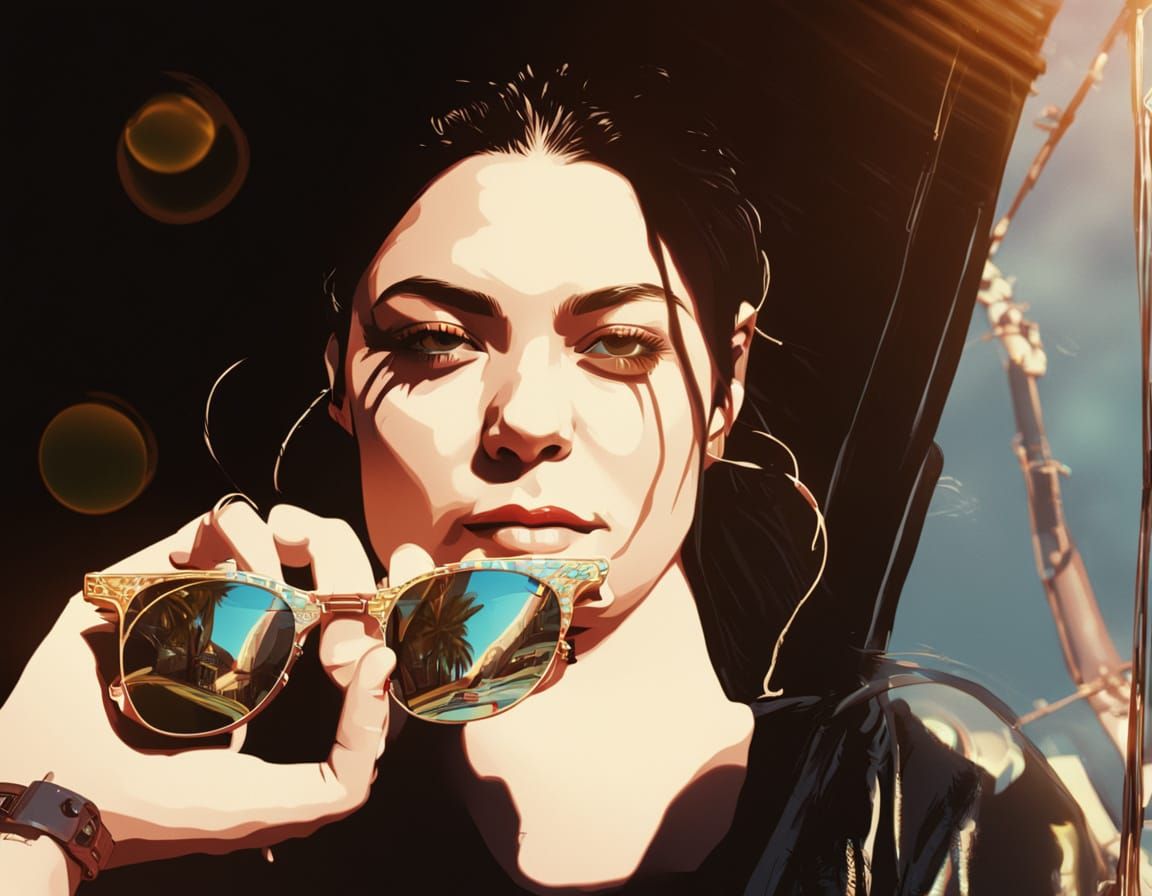 Amy Lee in Sunglasses by Pool: Vibrant Digital Art