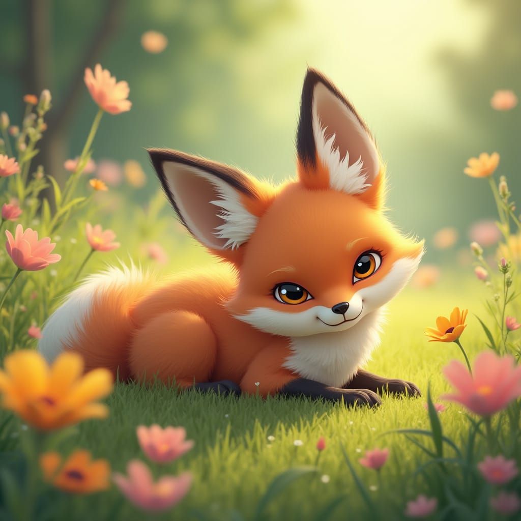 Fox Lounging in Meadow: 3D Anime Style