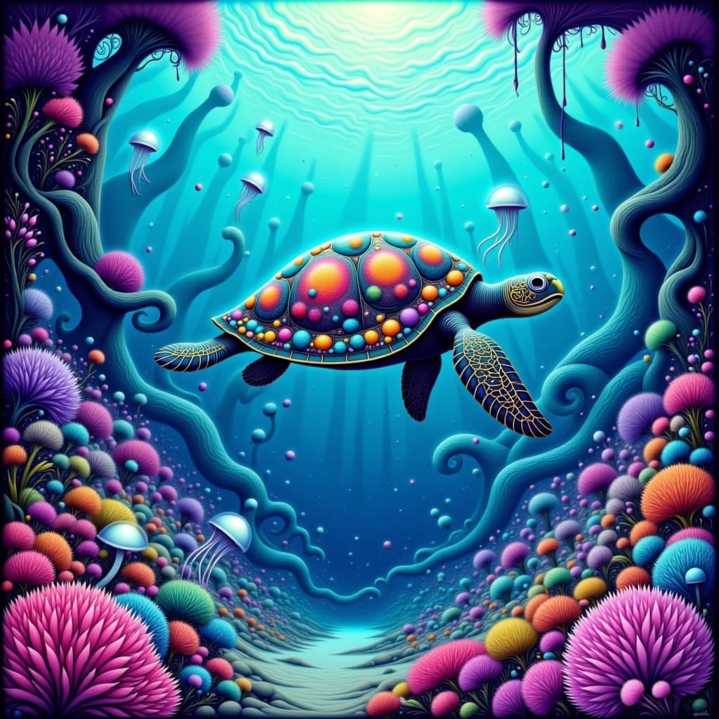 Sea Turtle and Jellyfish in Vibrant Coral Reef