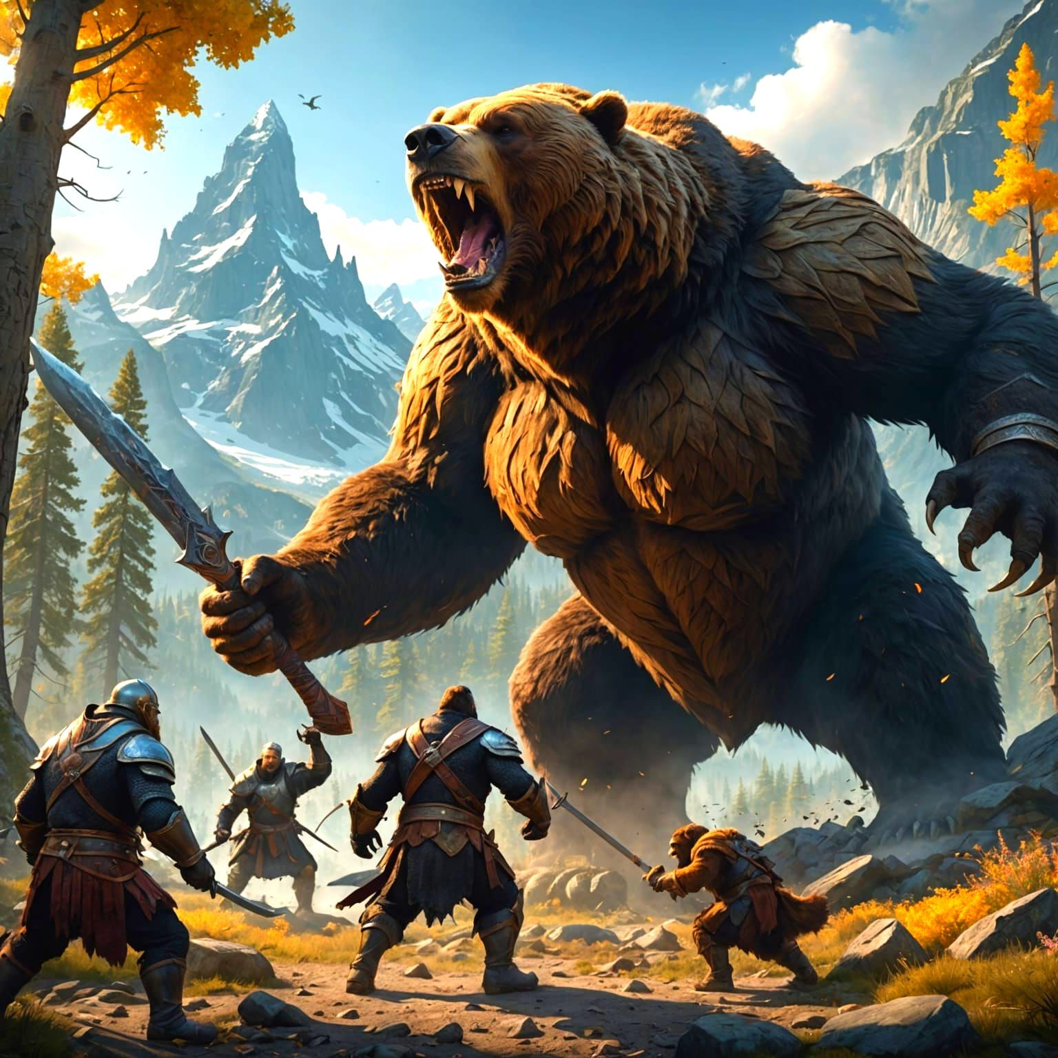 Earth Knights Clash with Grizzly: Fantasy Concept Art