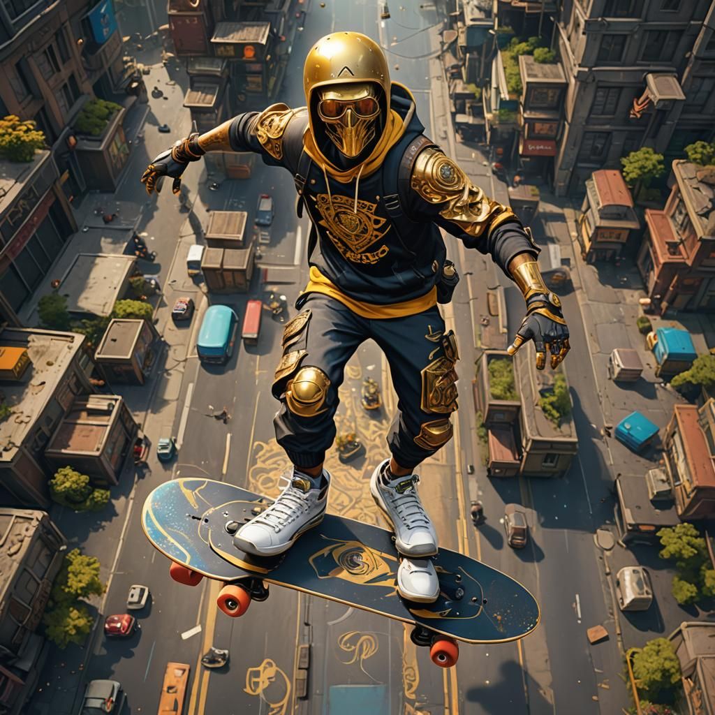 Person Riding Golden Skateboard in Detailed Matte Painting