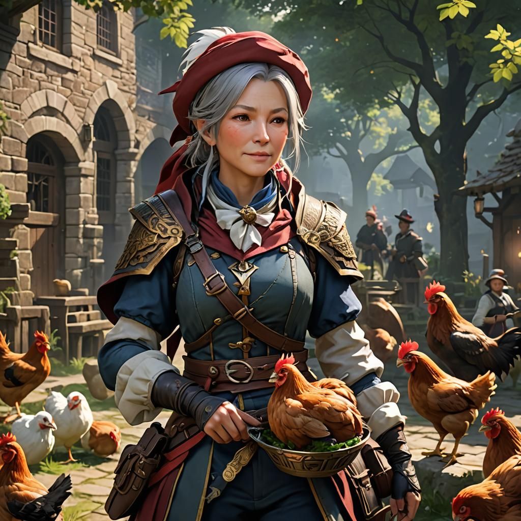 Female Bard with Chicken: Anime-Inspired 3D Art