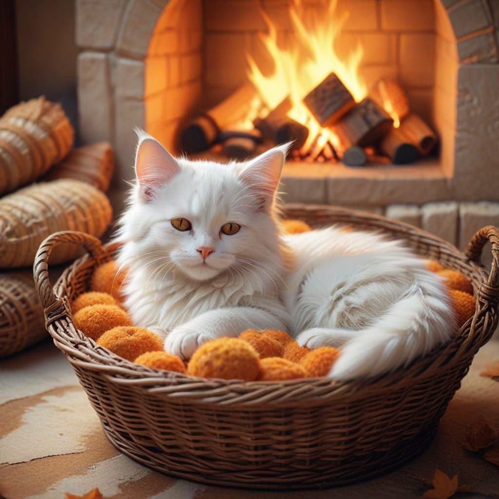 Fluffy Kitten Sleeping Peacefully in Basket by Fireplace