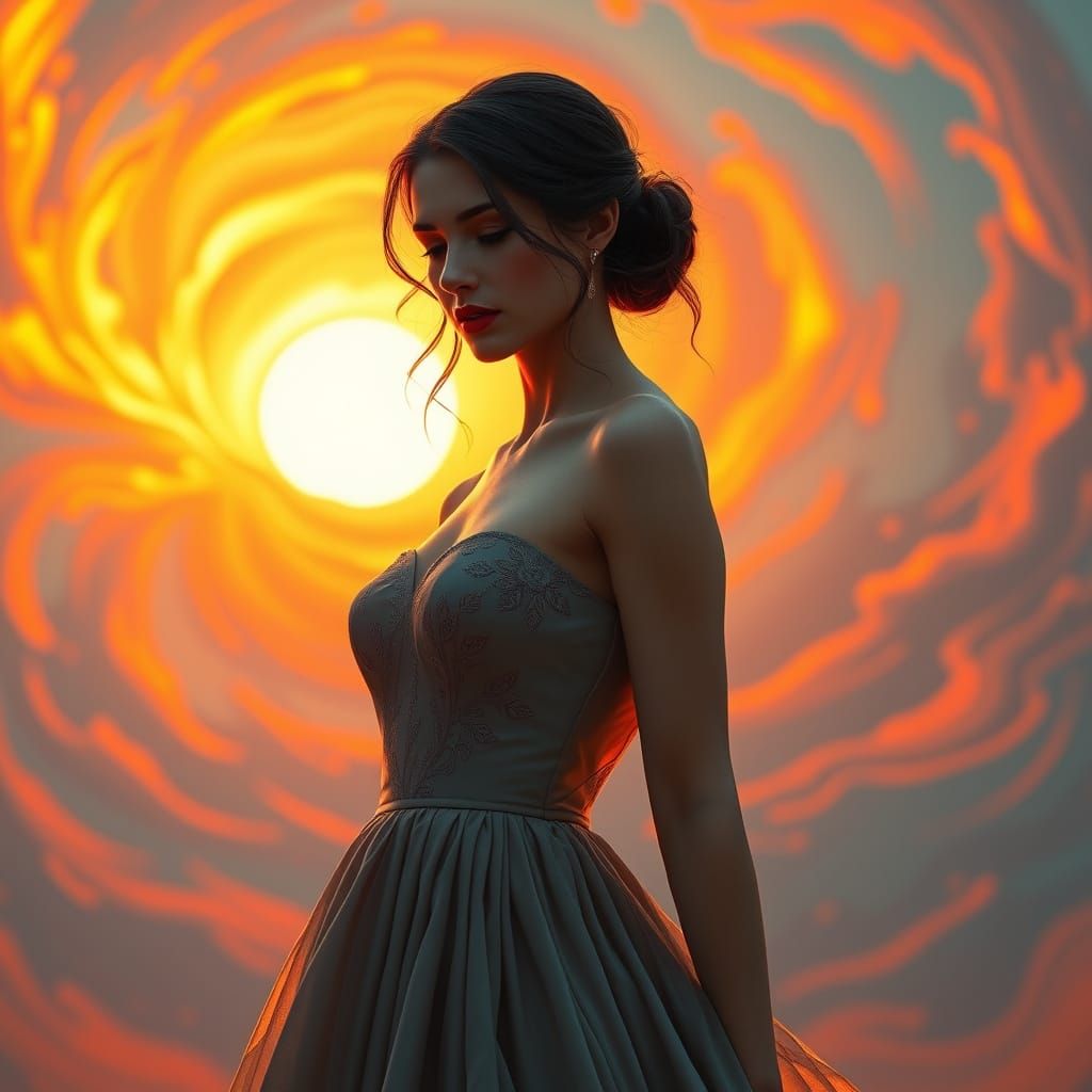Elegant Woman Gazing at Sunset in Vibrant Colors