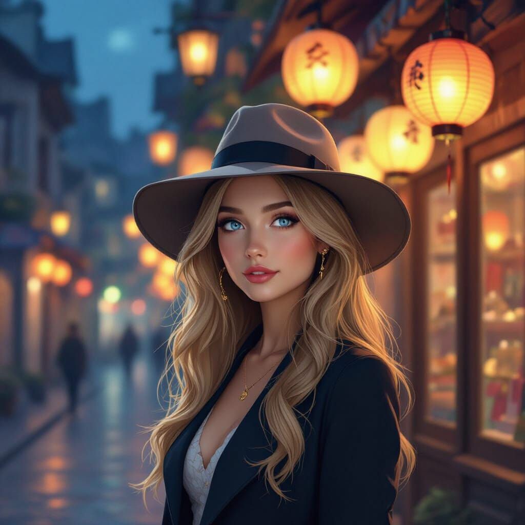 Woman in Hat at Lantern-Lit Street at Night