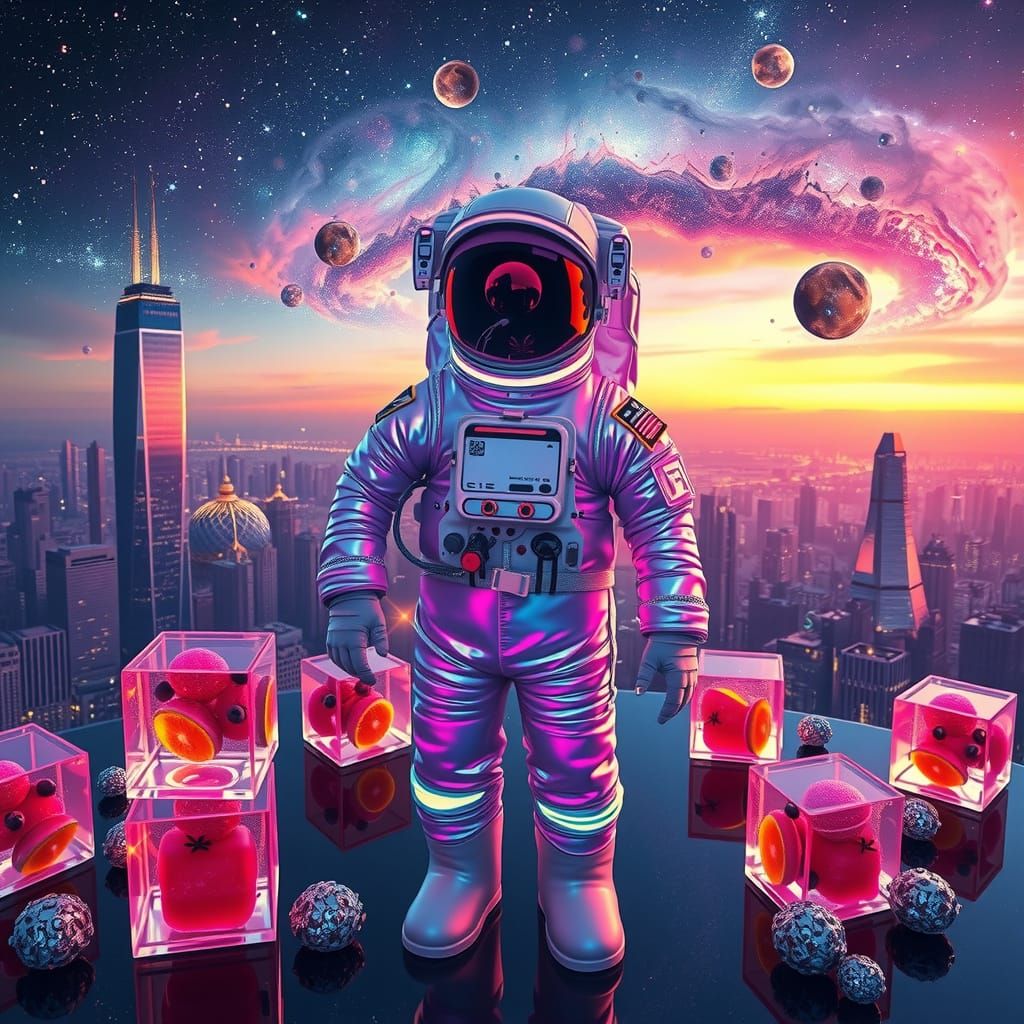 Astronaut in a Neon Galactic Cityscape