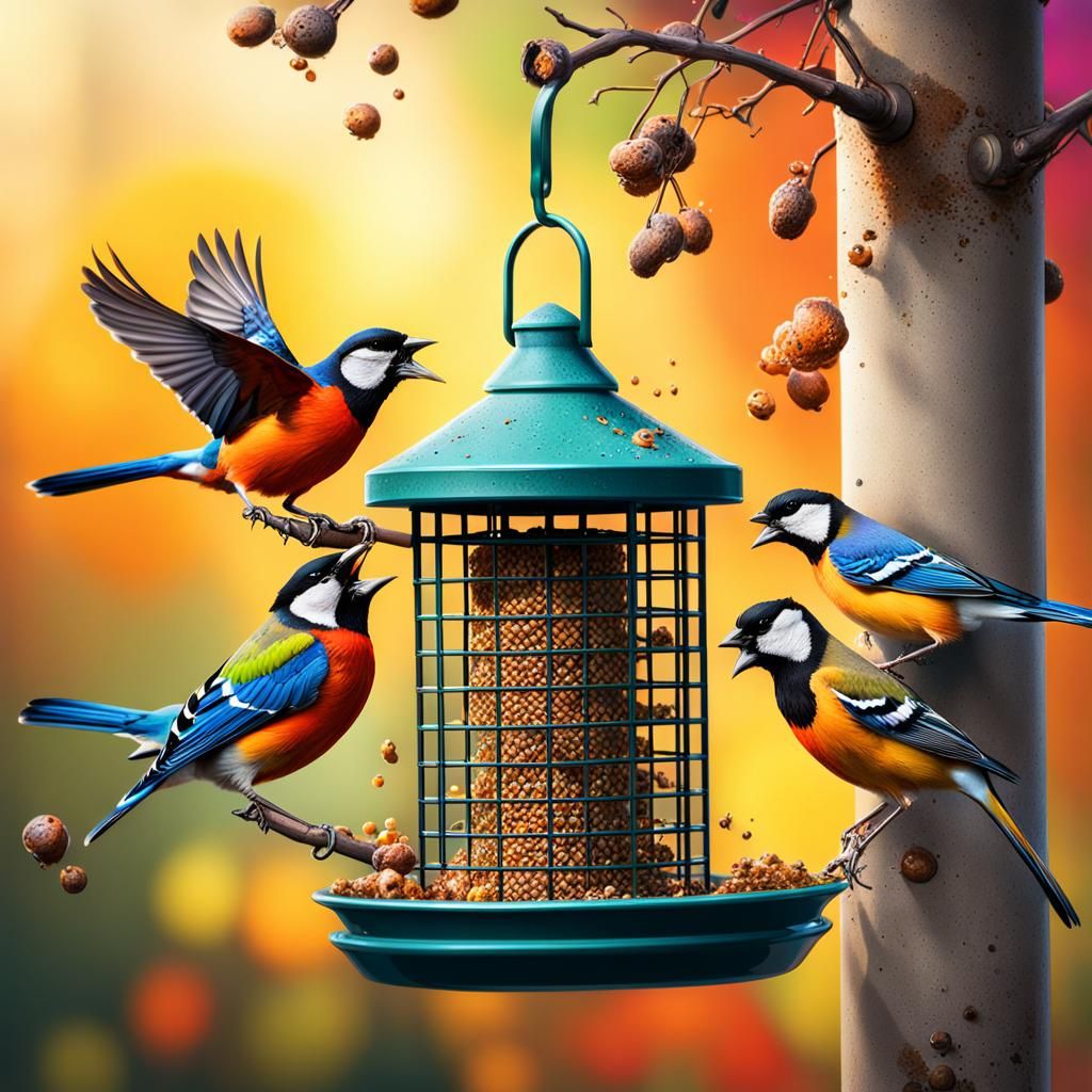 Birds at Bird Feeder: Hyperrealistic Splash Art
