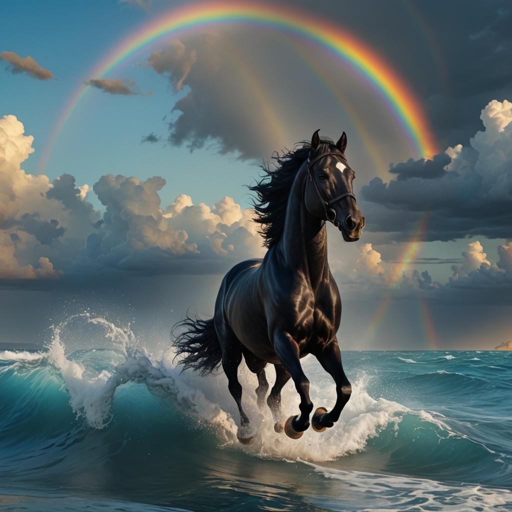 Majestic Black Horse Galloping on Blue Sea with Rainbow