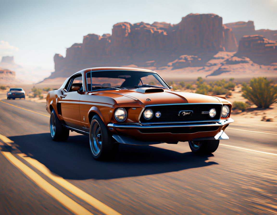 Golden Mustang Speeds Across Desert Horizon
