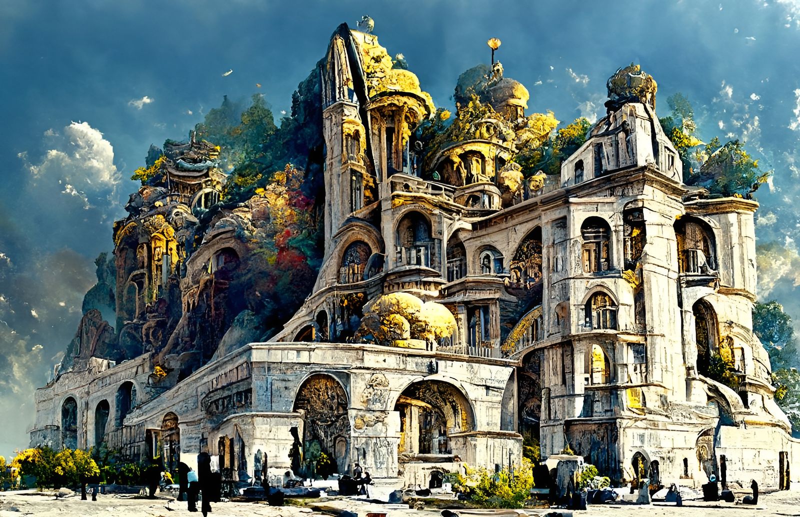 Golden Gates of Greed: Surreal Architectural Oil Painting