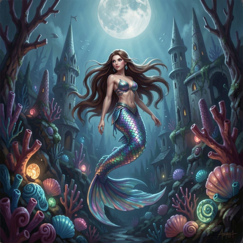 Mermaid in Coral City, Dark Fantasy Oil Painting