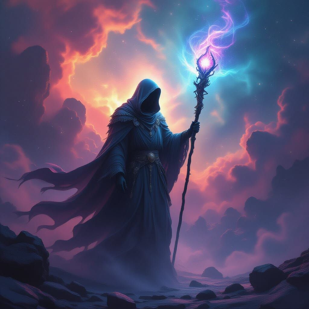 Ethereal Wanderer in Nebula with Celestial Staff
